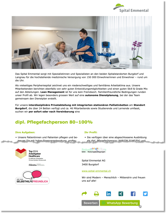 Das Spital Emmental bietet die Bewerbungs-Option via WhatsApp auf seiner Karriereseite an